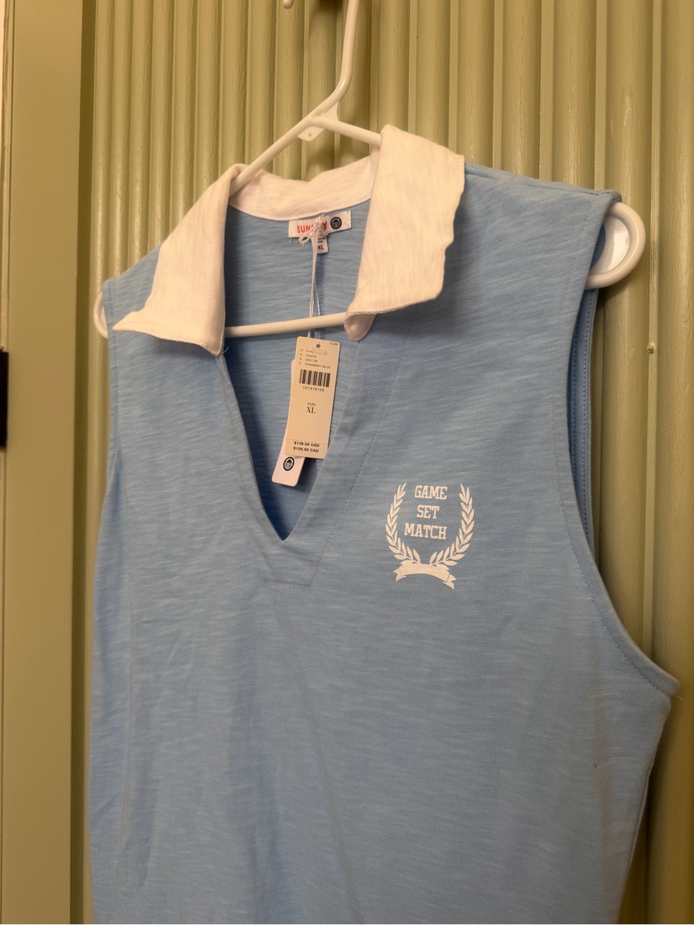 Sundry Chambray Blue Sleeveless Polo Dress with White Collar